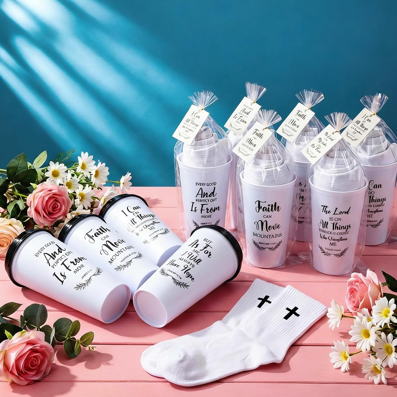 36 Pcs / 12 Set Father's Day Christian Church Gifts Bulk for Men Father Faith Cross Socks and Bible Verse Cups Dad Religious Gifts Sripture Church Party Favors for Adult Husband Dad