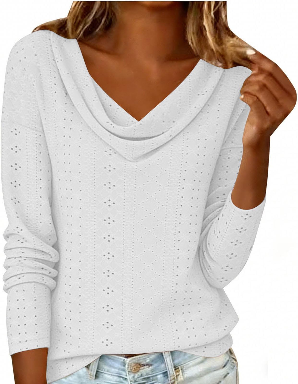 Ladies Elegant Tops UK 2026 Fashion Long Sleeve Cowl Neck Shirts Spring Summer Sexy Hollow Out Eyelet Blouse Dressy Casual Solid Color Loose Fit T-Shirts Going Out Tee