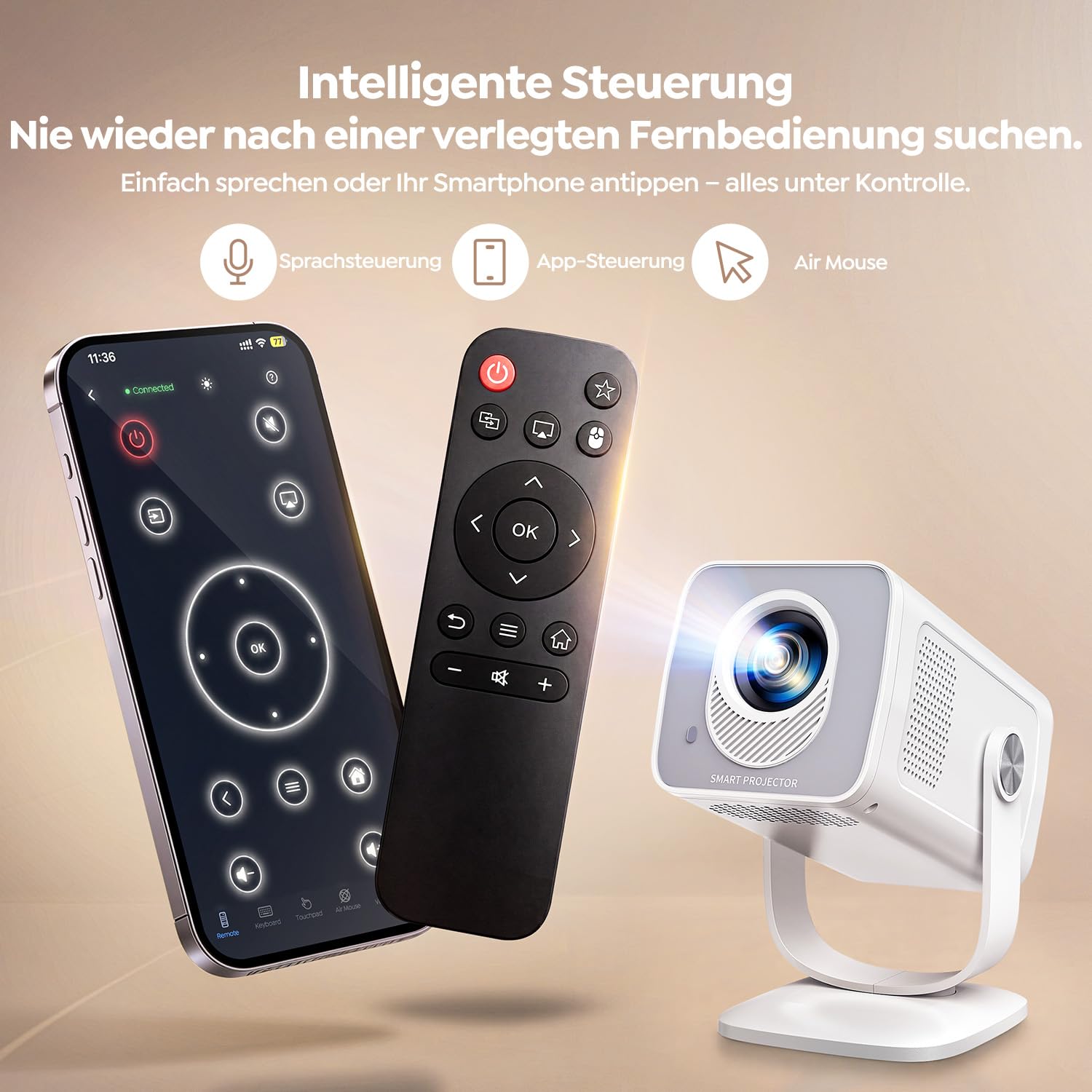 Mini Beamer 4K Unterstützt [Android 14 & App Steuerung] WiFi 6 BT 5.4 | 270° Dreh Smart Beamer Klein mit Auto Trapezkorrektur, Tragbarer Projektor für Heimkino/Schlafzimmer/HDMI/Handy/PC/USB