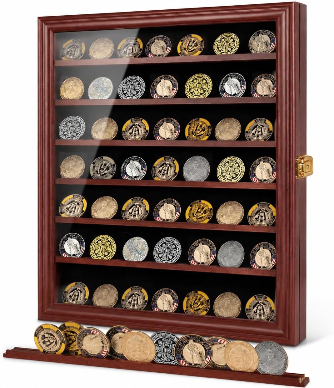 Jinchuan Military Challenge Coin Display Case Lockable Cabinet Rack Holder Shadow Box with Removable 2 Grooves Shelves and Anti Dust Door for Casino Poker Chips Collectibles, Large - Mahogany
