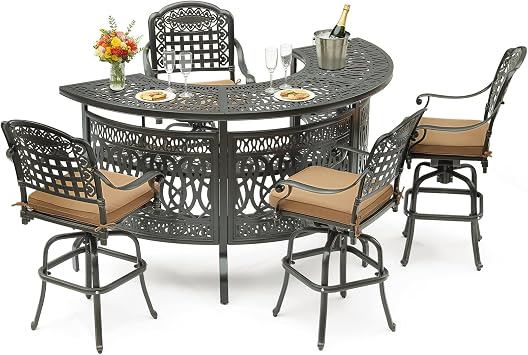 VIVIJASON 5-Piece Patio Bar Set, All-Weather Cast Aluminum Half Moon Bar Table with 3-Tier Shelves, 4 Swivel Bar Stools & Cushions, Heavy-Duty Large Party Bar Set for Garden, Poolside, Backyard