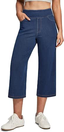 Stretchy Capri Jeans for Women Pull-On Tummy Control Wide Leg Denim Pockets