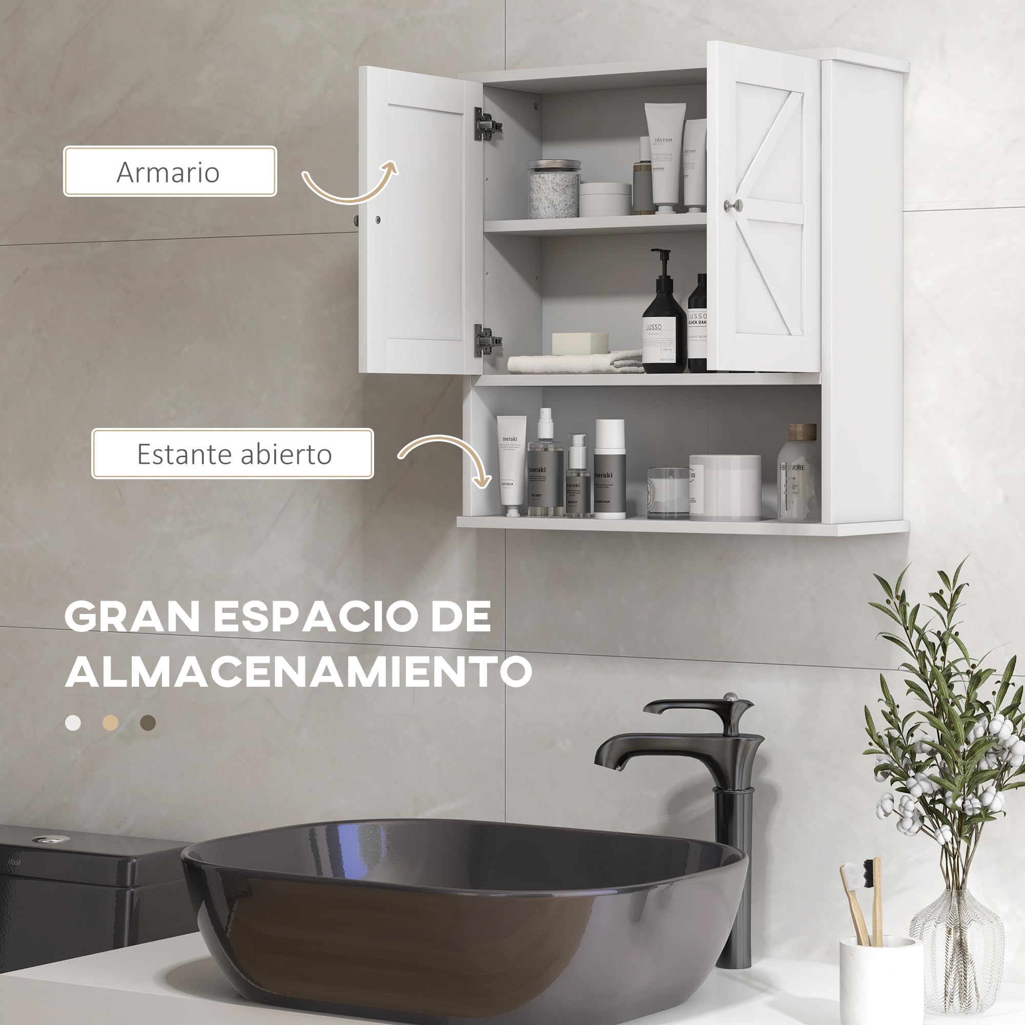 kleankin Armario de Baño de Pared, Mueble de Baño Colgar Rústico con Compartimento, Estante Ajustable, 2 Puertas, para Cocina, Lavadero, sobre el Inodoro, Blanco