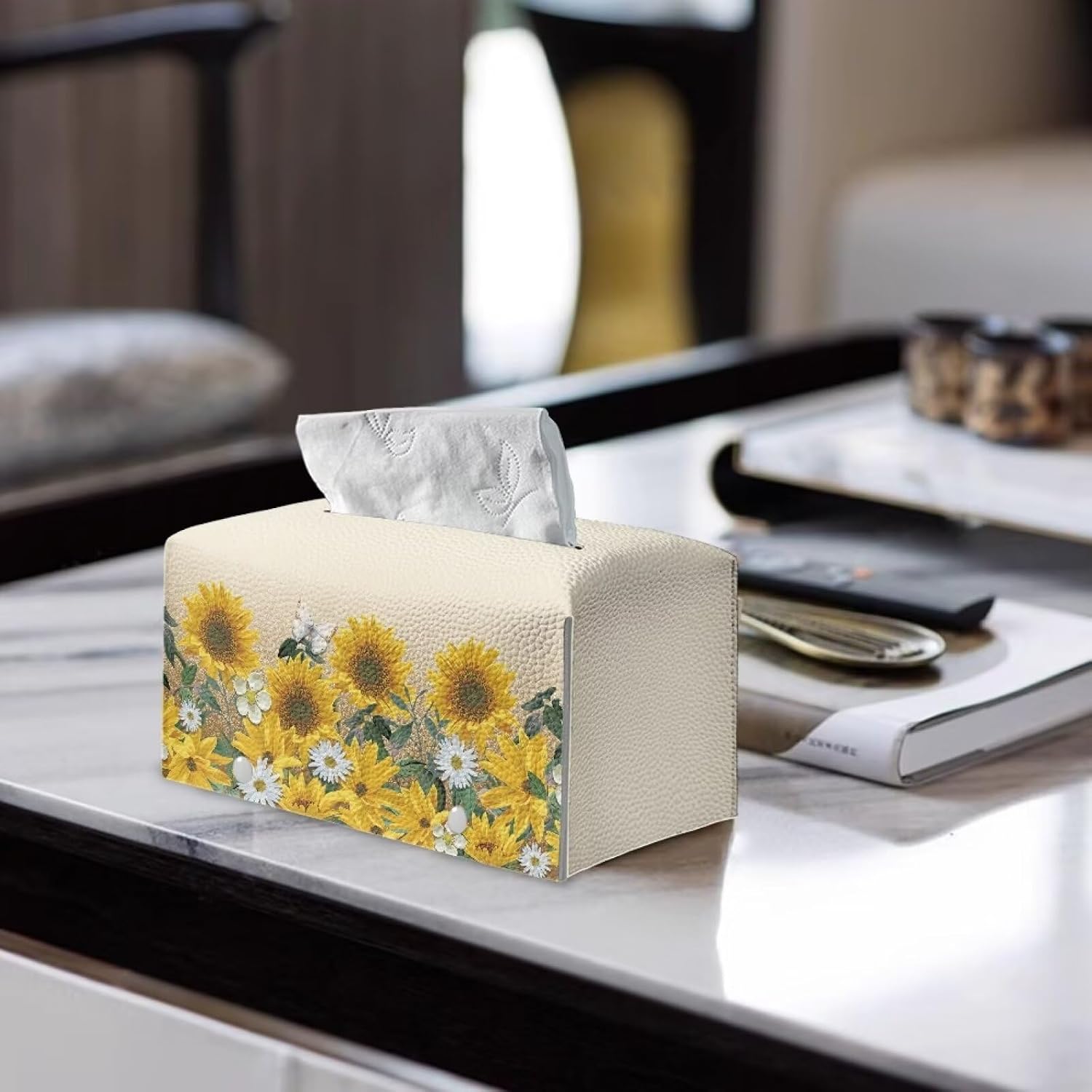 Sunflower Daisy Rectangle Tissue Box Cover Modern PU Leather Rectangular Tissue Box Waterproof Tissue Cover Decorative Holder Organizer for Bathroom Vanity Countertop image 4