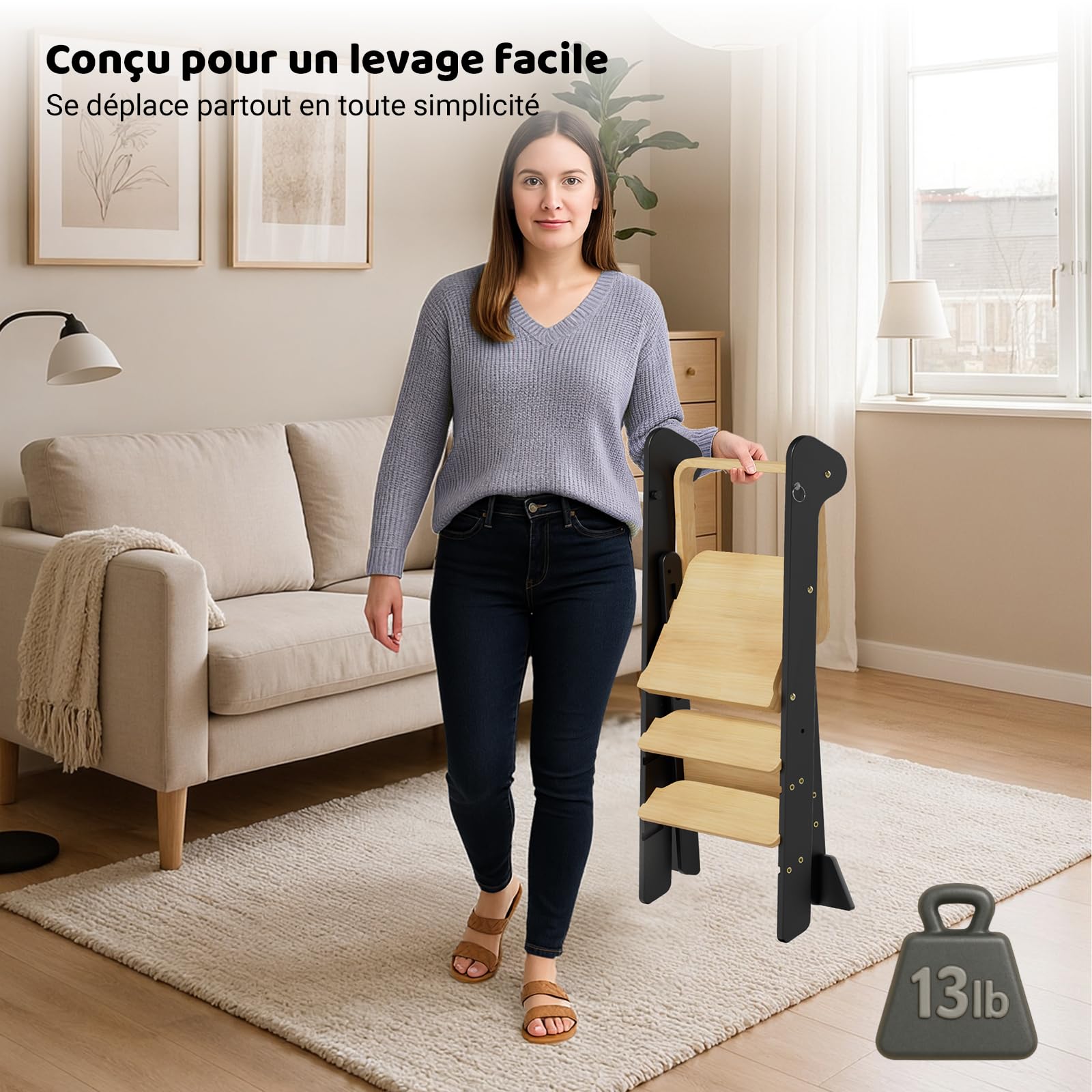COSYLAND Tour d’Observation Montessori Enfant Pliable – If Design Award, Tour d’Apprentissage en Bois Réglable en Hauteur dès 1 an avec Filet de Sécurité, Kitchen Helper Bébé – Noir & Naturel