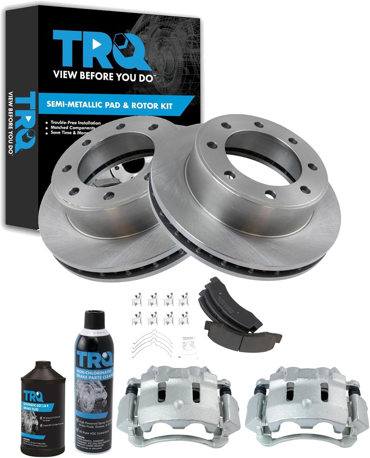 TRQ Front Brake Pad, Caliper, & Rotor Kit, with Chemical Kit Semi-Metallic Compatible with 2000-2005 Ford Excursion 2000-2004 F-250 Super Duty F-350 Super Duty
