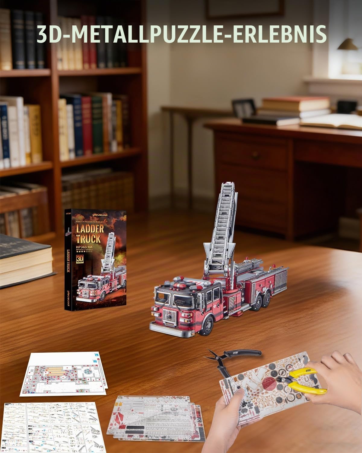 Piececool 3D Puzzle Metall Feuerwehr-Drehleiter Truck, Klassische Transport Feuerwehrauto Handwerk Modellbausatz,DIY Set Erwachsene,354 Teile