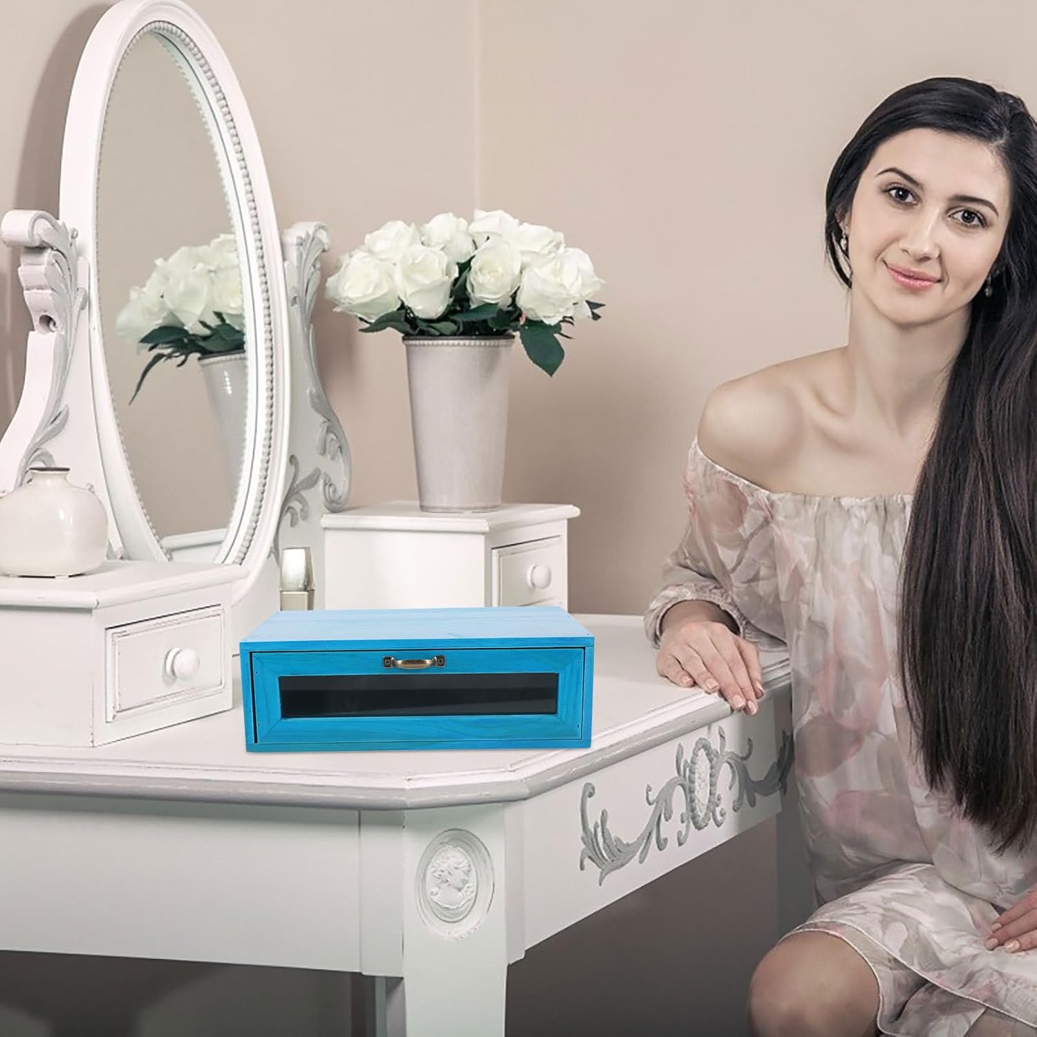 Wooden Monitor Riser Stand with Pull-out Storage Drawer for Desk, Rustic Computer Monitor Stand Organizer, Suitable for Home Office, Mediterranean Blue