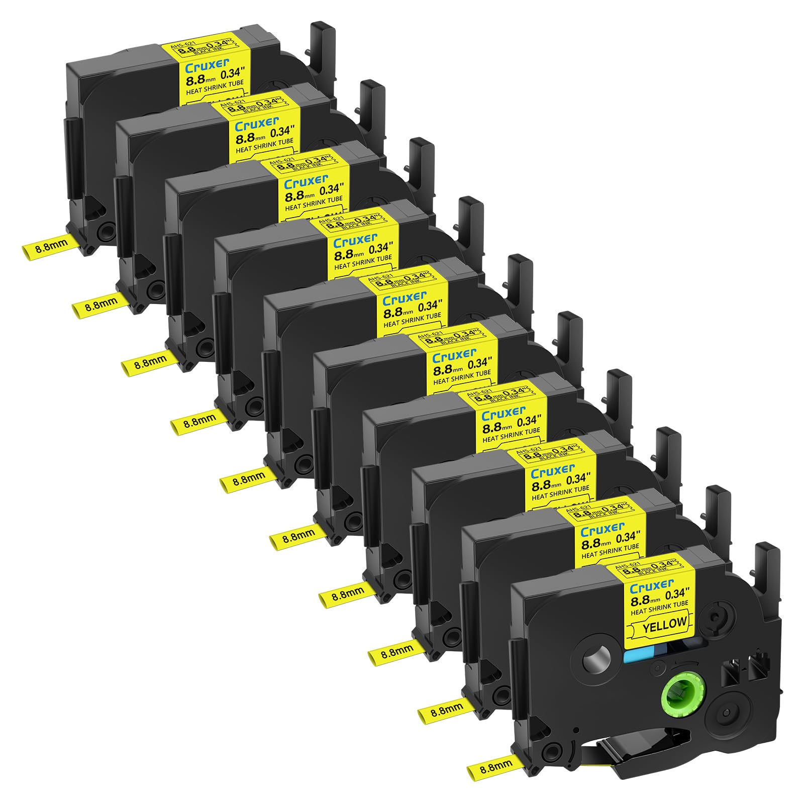 Cruxer Compatible for Brother HSE621 HS2-621 8.8mm 3/8" 0.34 Inch Heat Shrink Tube Label Tape Black on Yellow for PTE550 PTP750 PTD210 PTD450 PTD400AD PTH110 PT710BT Label Maker, 10-Pack — image 1