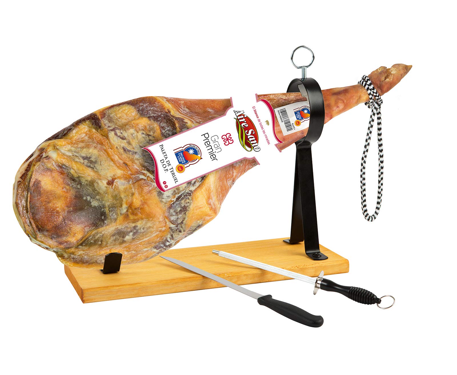 Aire Sano - Paleta D.o.p. Teruel (4,5-6kg) Gran Premier De Aire Sano - Alto contenído en Proteínas, Sin Gluten y Sin Lactosa- Incluye Jamonero + Cuchillo + Chaira + Estuche