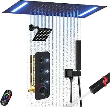 Enga Dual Shower Head System, Ceiling Mount 14x20 Inch LED Rain Shower Head with 6 Inch Wall Head, Shower Faucet Set with 2 in 1 Handheld, All Functions Work At Once, Matte Black