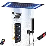 Enga Dual Shower Head System, Ceiling Mount 14x20 Inch LED Rain Shower Head with 6 Inch Wall Head, Shower Faucet Set with 2 in 1 Handheld, All Functions Work At Once, Matte Black