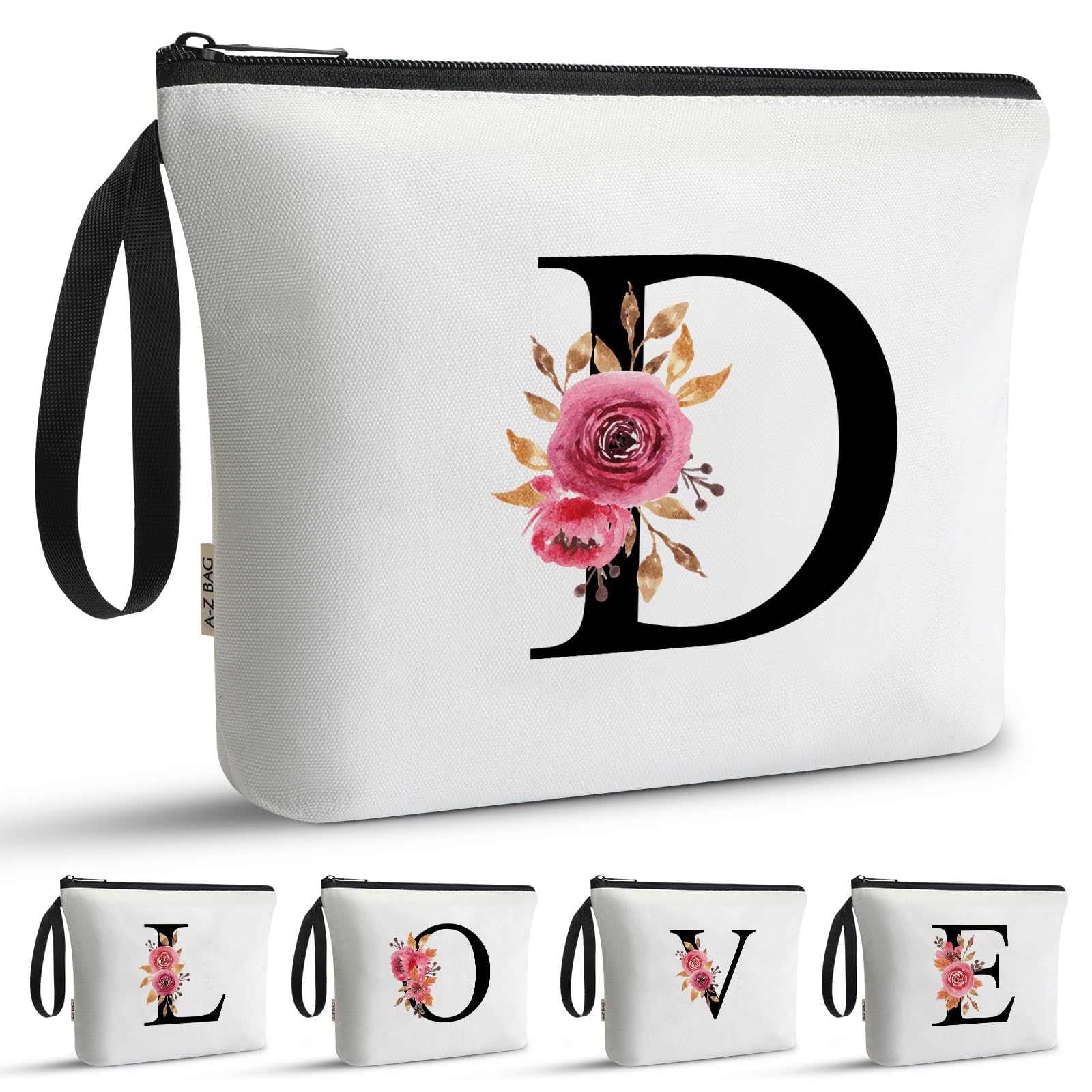 A-Z BAG Personalised Initial Makeup Bag with Floral Letter,Gifts for Women,Mum,Friend,Sister,Teenage Girls,Bridesmaid,Cosmetic Wash Bag & Toiletry Pouch,D