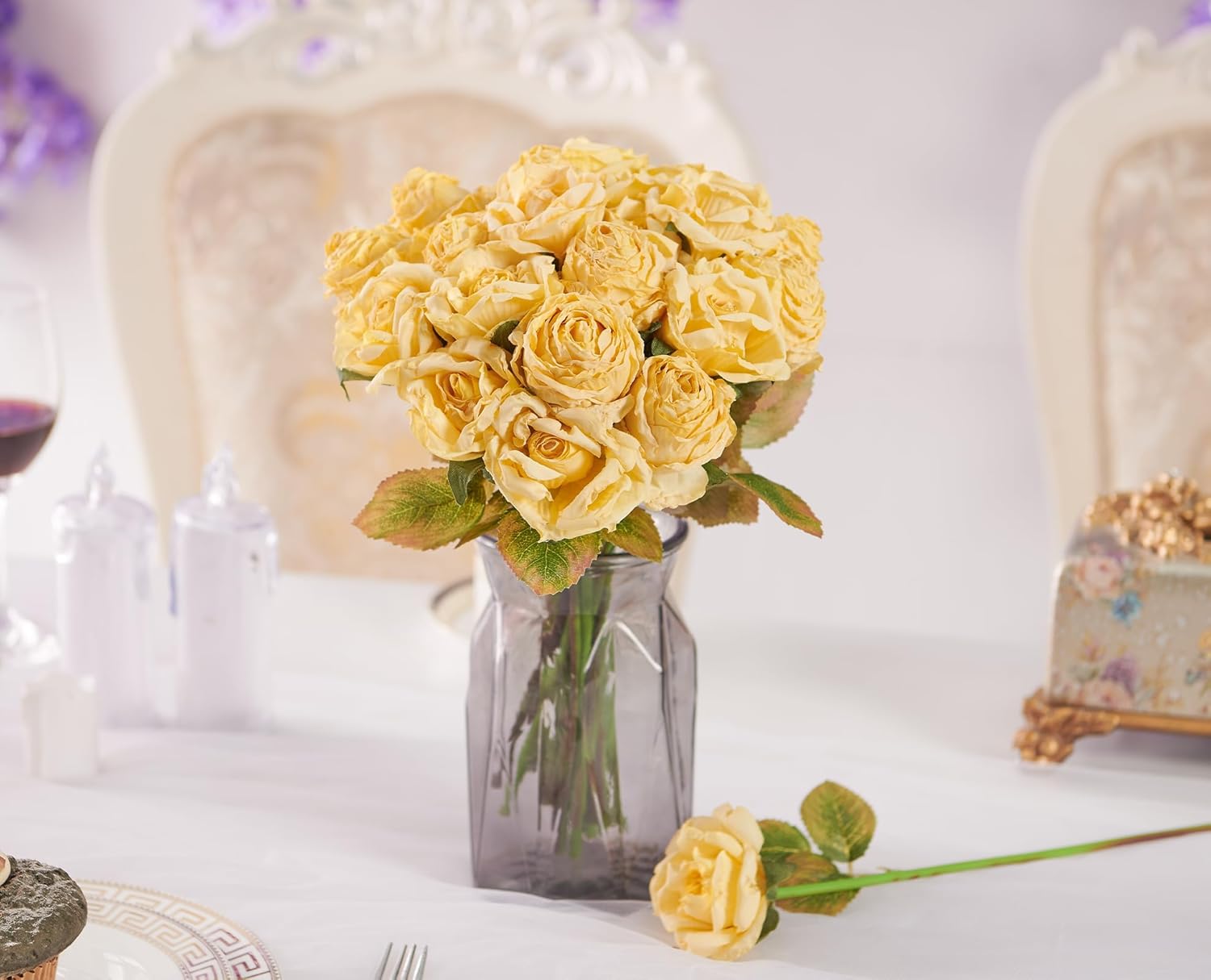 PONKING Rose Artificial Flower 28pcs Realistic Faux Silk Roses Fake Flowers Bouquets Arrangements Decor for Wedding Spring Mother's Day, Home Table Decorations, Yellow Flower