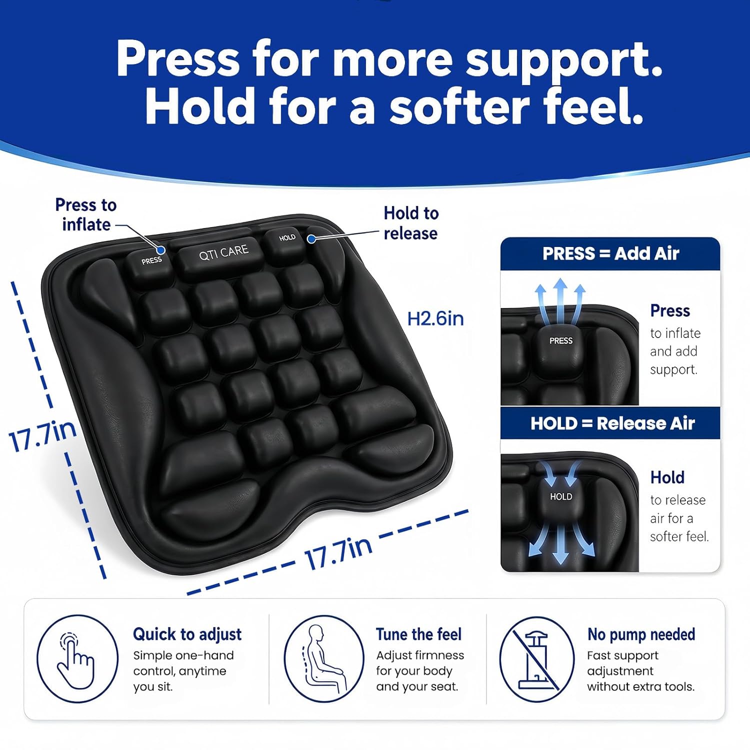 Airplane Seat Cushion, Inflatable Travel Cushion for Long Flights, Press-Type Portable Seat Pad with Built-in Pump, Comfortable Cushion for Air Travel, Car, Office Chair, Wheelchair