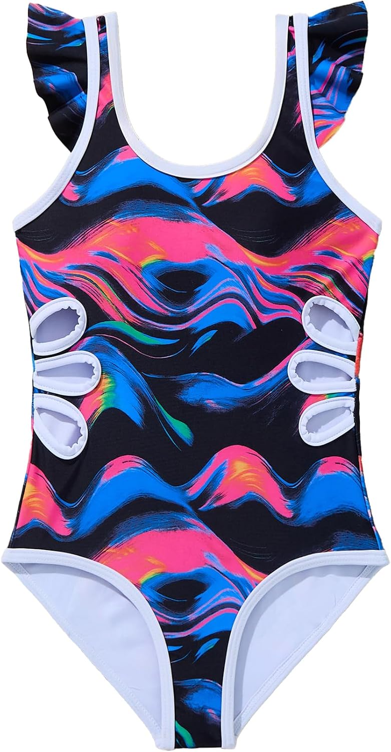 Girls One Piece Swimsuit Ruffle Straps Cut Out Beach Swimming Pool Bathing Suit 4-12 Years