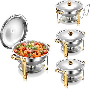 Gold 4 Pack Chafing Dishes for Buffet, Stainless Steel Food Pan with Lid, 6QT Round Chafing Dish Buffet Set Food Warmer, Food Warmers for Parties Catering Holidays Family Gatherings