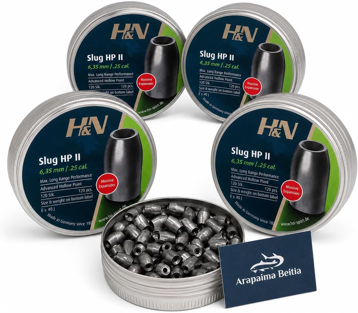 Multipack 600 Balines H&N Slug HP II 6,35 mm / .25 x 34 g / 2,20 g | By Arapaima Beitia opakowanie 5 puszek 6,35 mm / .25, 34 g / 2,20 g, do PCP sprężonego powietrza, 600 balinów, strzał w cel