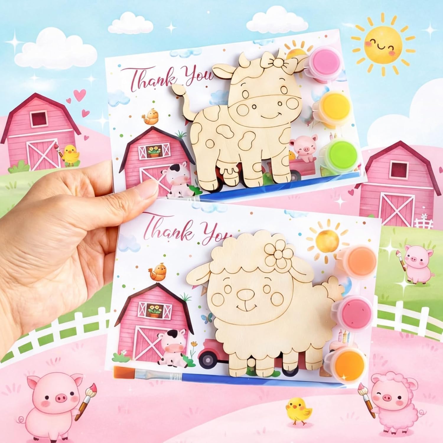 12 Pack Pink Farm Party Favors for Kids – Individually Wrapped Paint Your Own Wooden Magnet Craft Kits with Thank You Card, Barnyard Animal Birthday Supplies for Girls