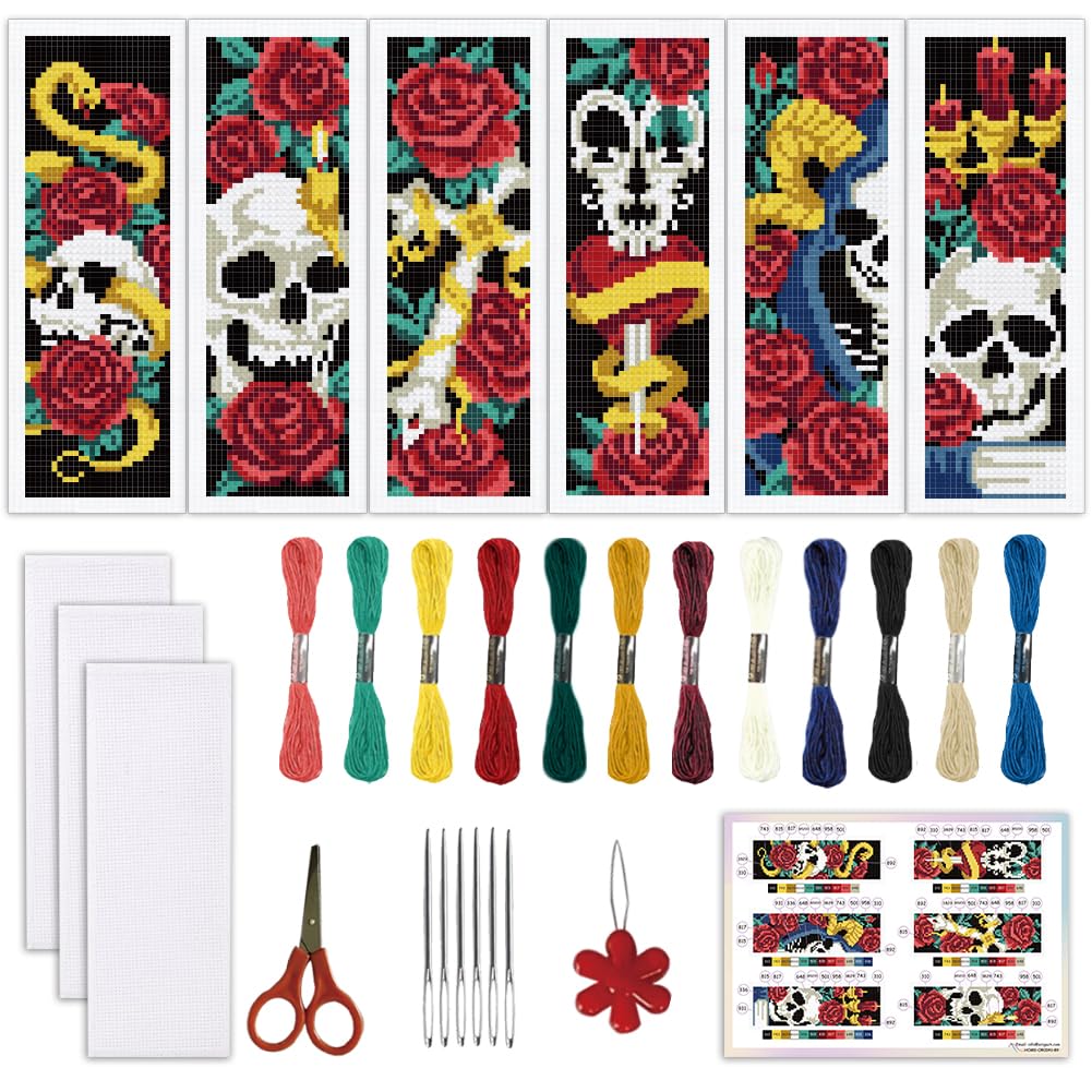 ORIGACH 6 Set Gothic Rose & Skulls Stitch Bookmark Kit for Beginner with Backing Felt Floss Instructions DIY Stamped Embroidery Bookmark Kit for Adults, Book Lovers โ image 1