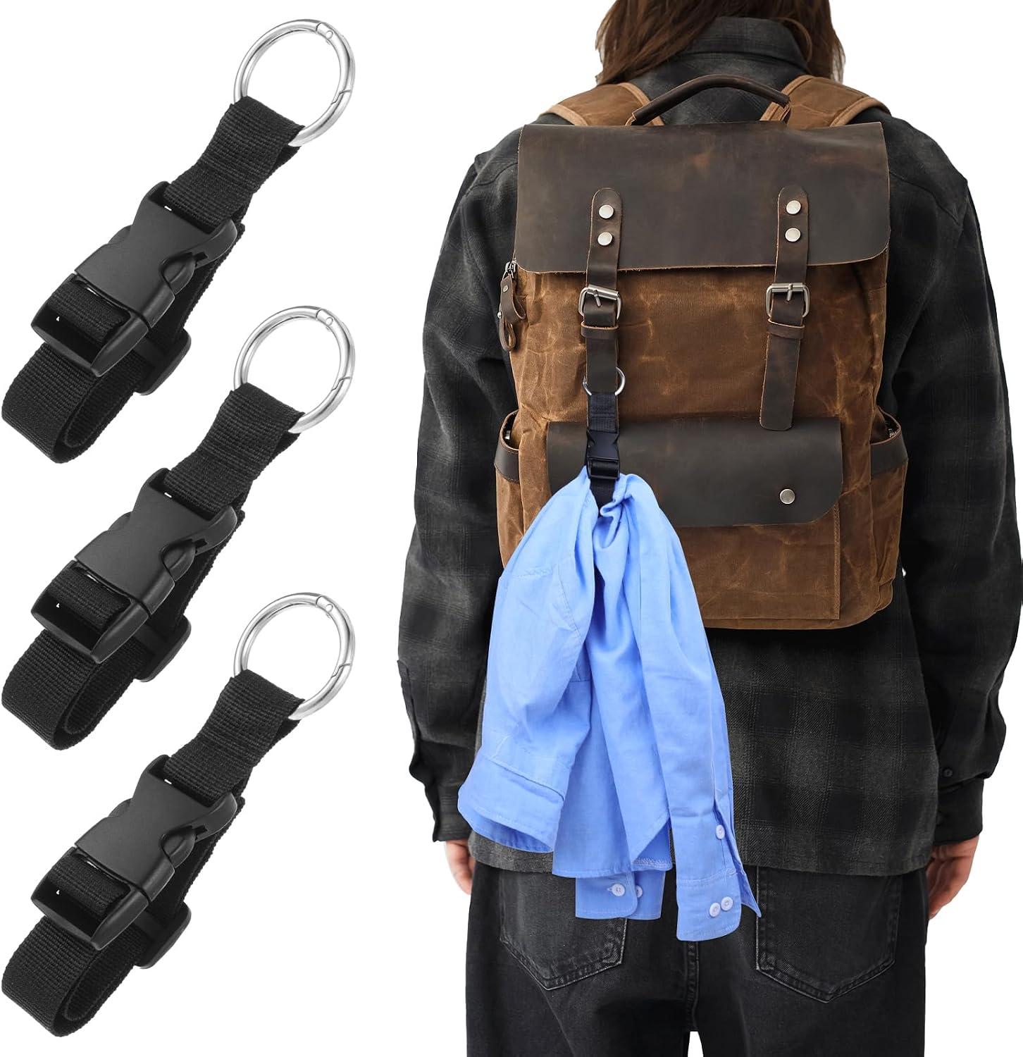 3 PCS Luggage Straps, Black Adjustable Luggage Connector Straps Heavy Duty Travel Belt with Metal Ring Hooks for Outdoor Travels Airport Connecting Luggages and Jackets