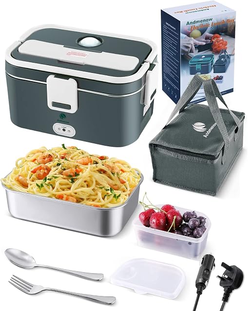 Andmenow 70W Faster Heating Electric Lunch Box[2022 Upgrade], Food Warmer Container, Portable Food Reheater, 1.8L Capacity for Car and Home/Office, with Carry Bag and Fork & Spoon (Gray+White)