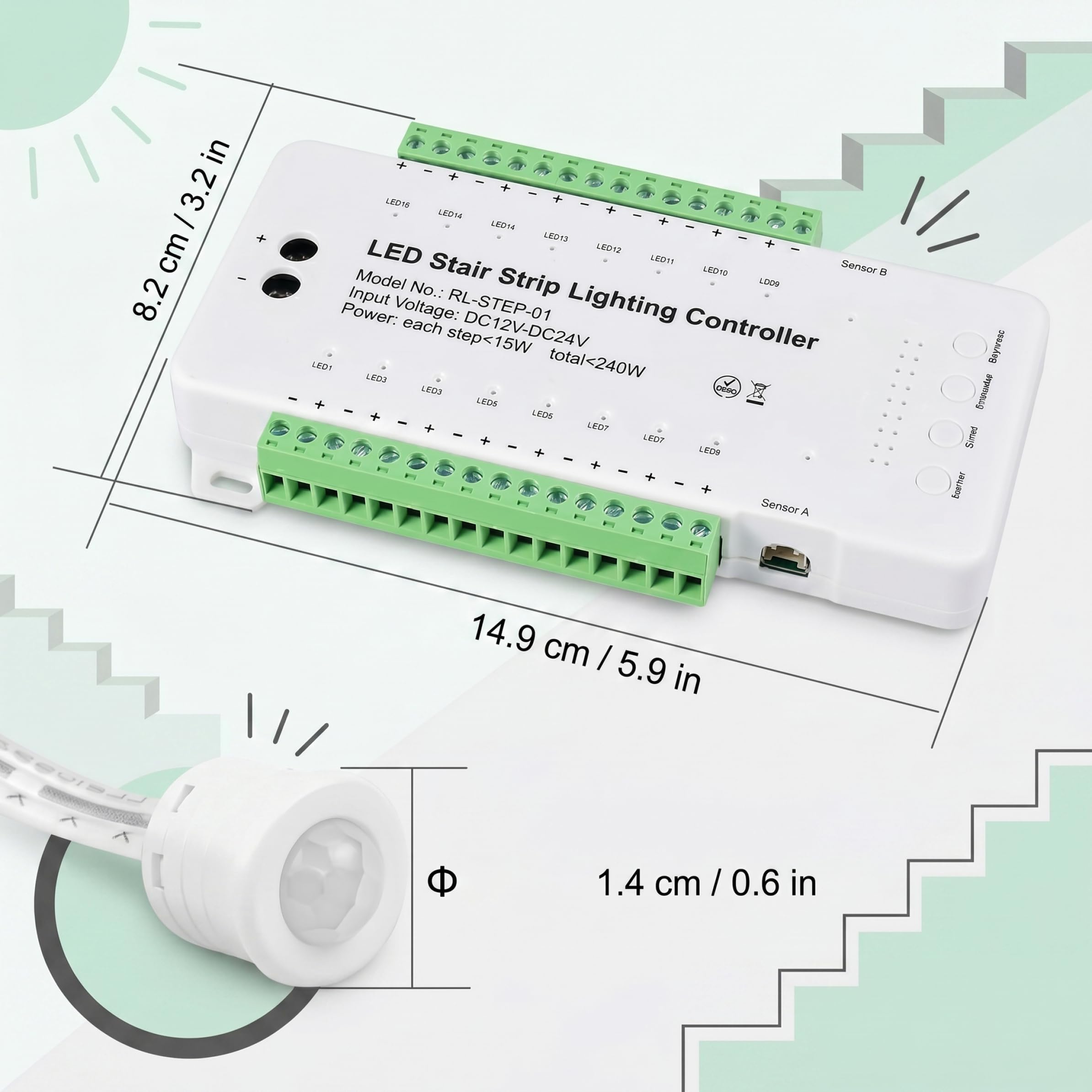 16-K LED Treppenlicht-Steuerung, PIR-Bewegungsaktivierter Treppenlichtcontroller mit dynamischen Schritt-Effekten ohne Fernbedienung, weiß