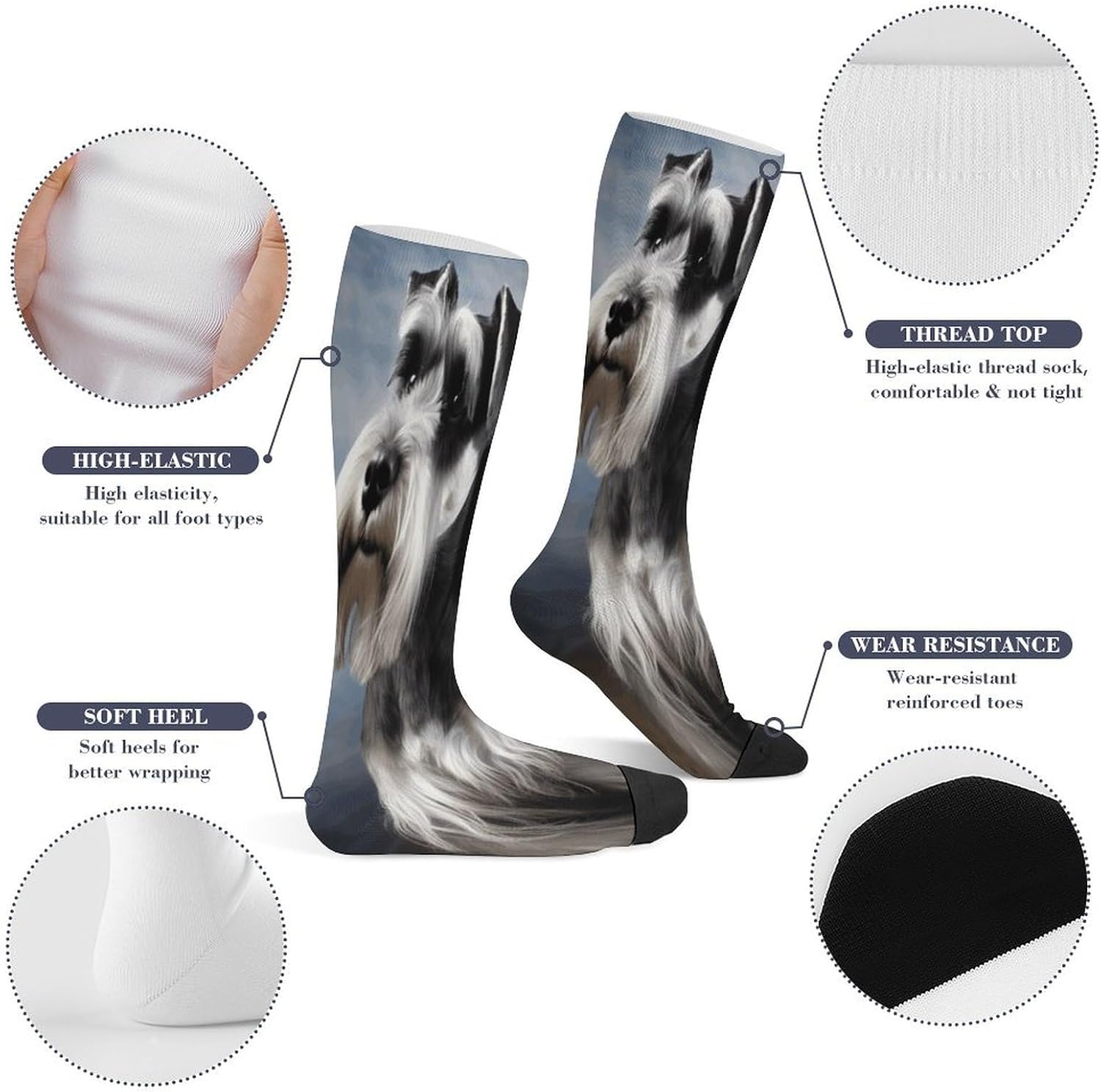 Animal Schnauzer Dog Compression Sock Circulation Support Socks Lightweight Knee High Tube Sock Over-The-Calf Sock for Adult