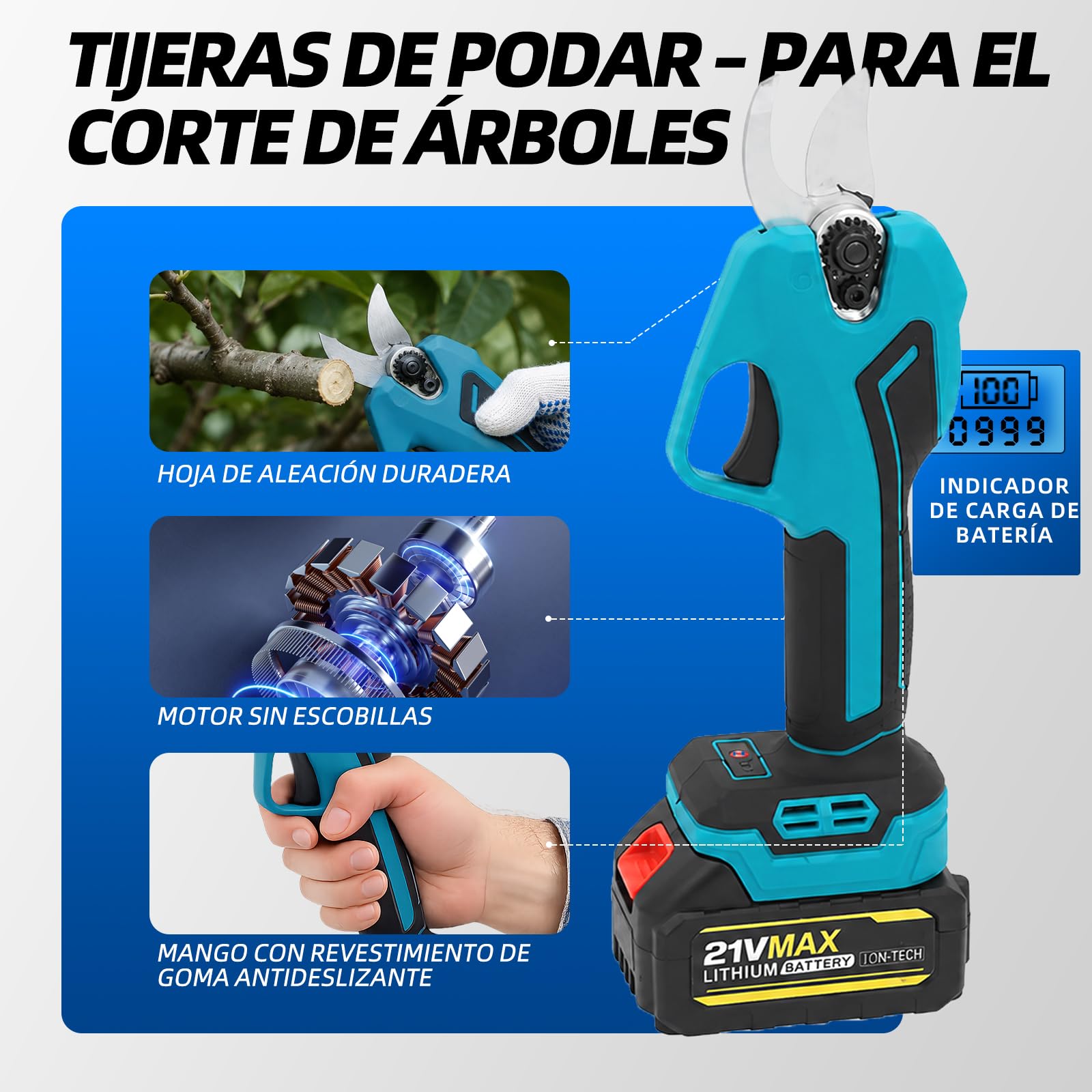 Tijeras de podar telescópicas con batería: equipadas con dos baterías de 4000 mAh, cuchillas SK5 de 40 mm, 4,5 metros de longitud total, para cortar árboles arbustos y setos