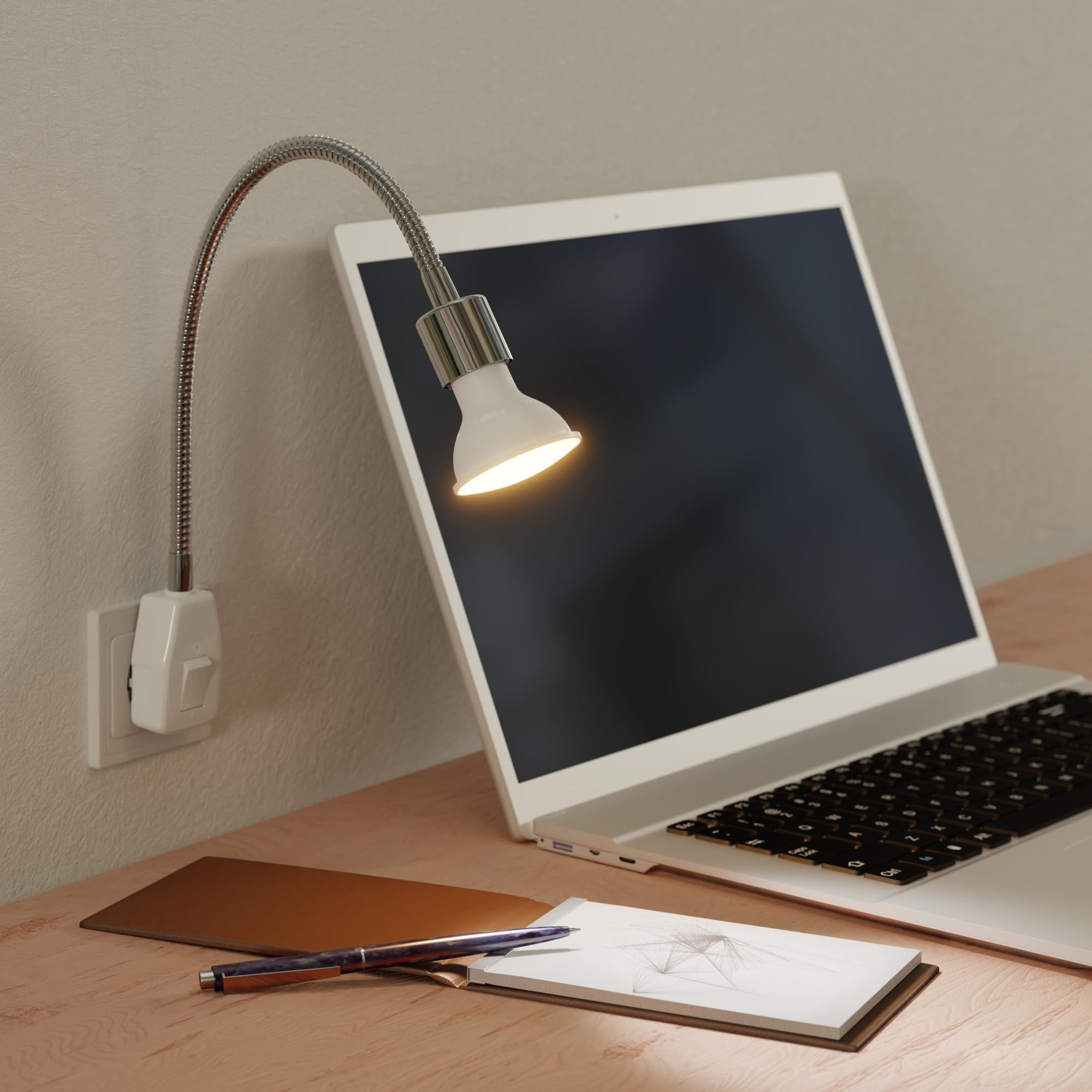ledscom.de Steckdosenlampe LESCH Leselampe Schwanenhals, chrom/weiß, inkl. GU10 LED (warmweiß, 7,6W, 1103lm, 33°)