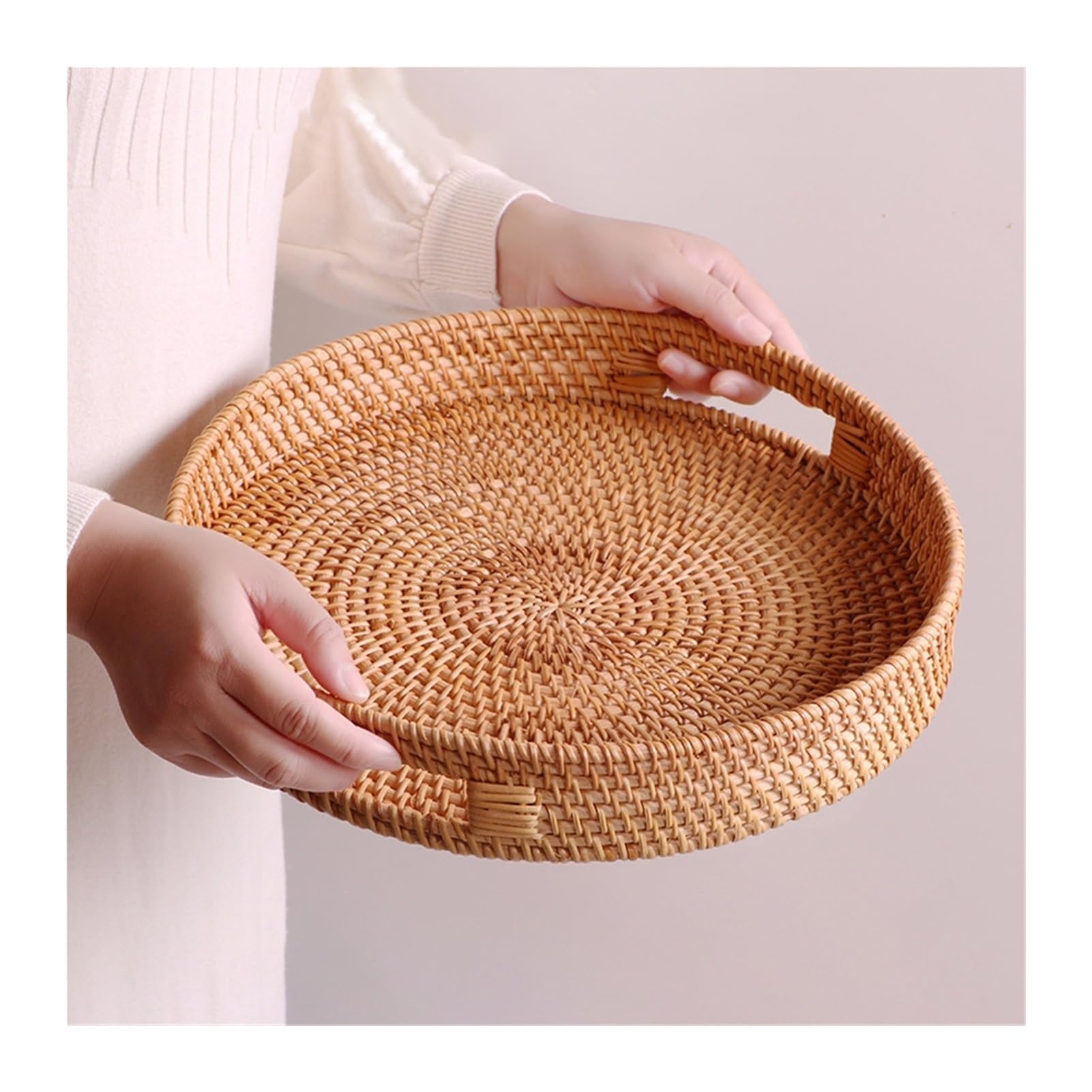 14.17" Handmade Rattan Bread Baskets Round Rattan Serving Tray with Handles Wicker Fruit Serving Storage Bowls Home Decor Organizer for Breakfast, Tea, Snack, Coffee