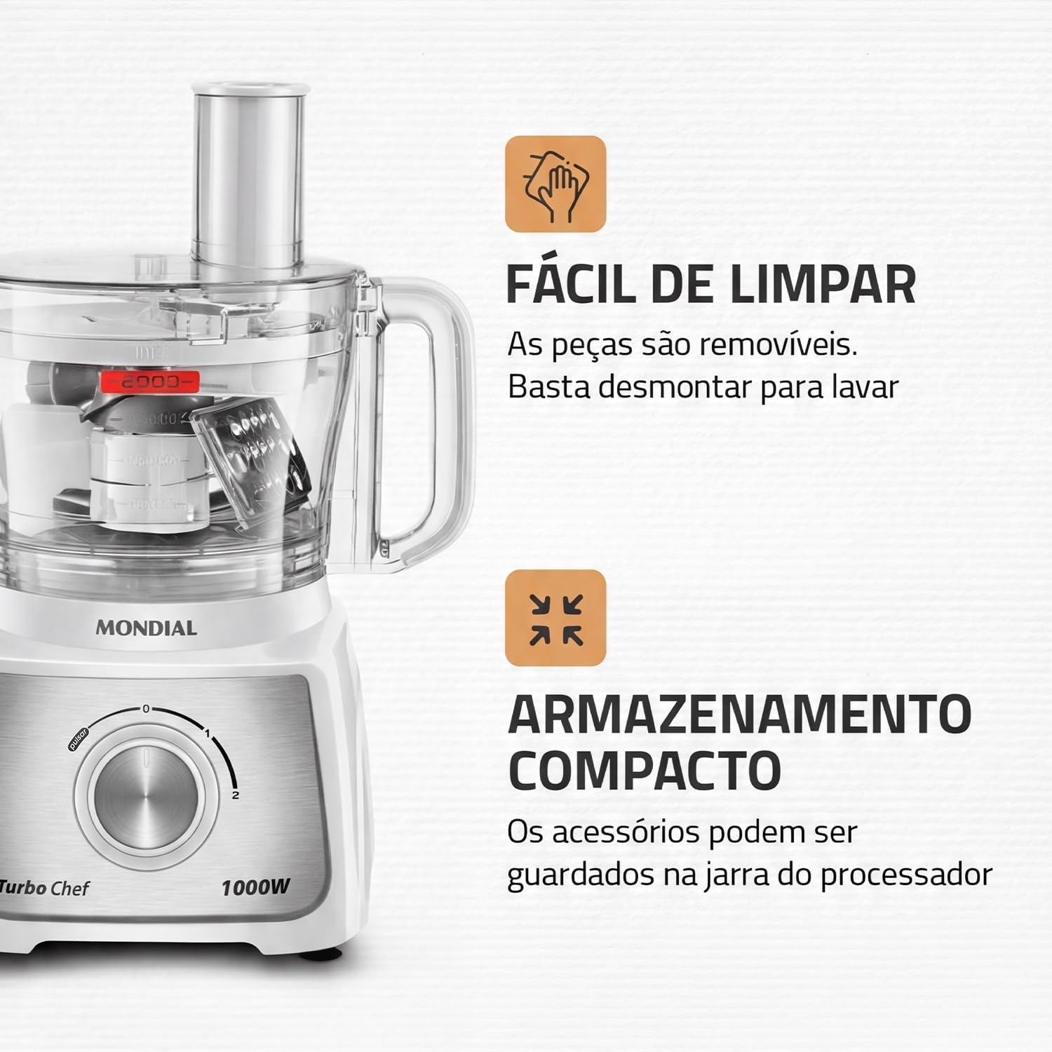 Multiprocessador Mondial Turbo Chef branco com destaque para facilidade de limpeza e armazenamento compacto dos acessórios