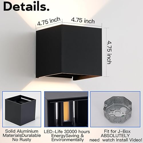 Miniatura 10 de Lámpara de pared para exteriores de 20 W, moderna e impermeable de 6500 K, luz de porche ajustable hacia arriba y hacia abajo, paquete de 2 -