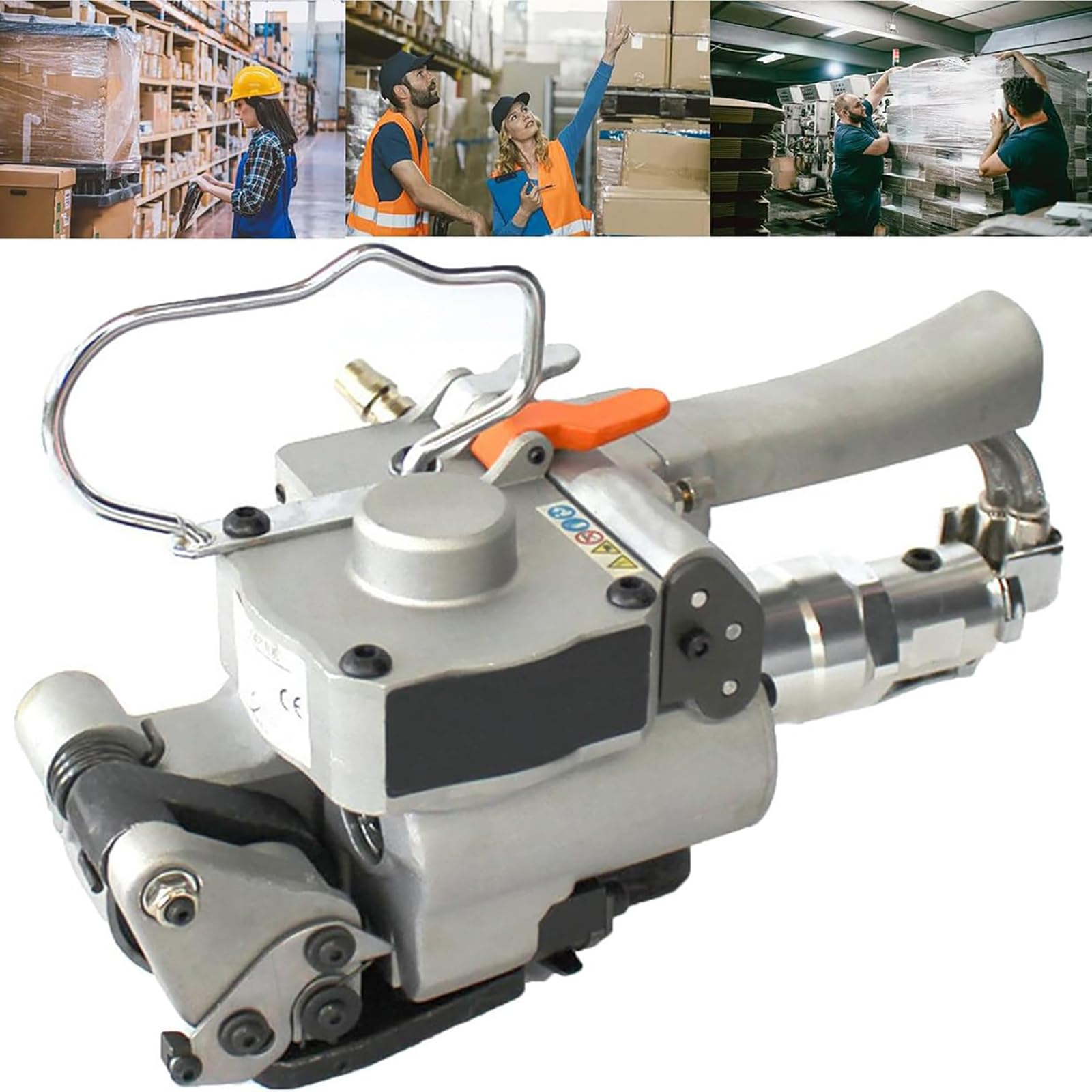 Steel Banding Strapping Machine, Pneumatic Strapping Tool, 3500N Adjustable Tension, Adjustable Air Pressure 0.6-0.8MPA, for PP/PET Tape Width 19-25mm, for Logistics Warehouses, Supermarkets