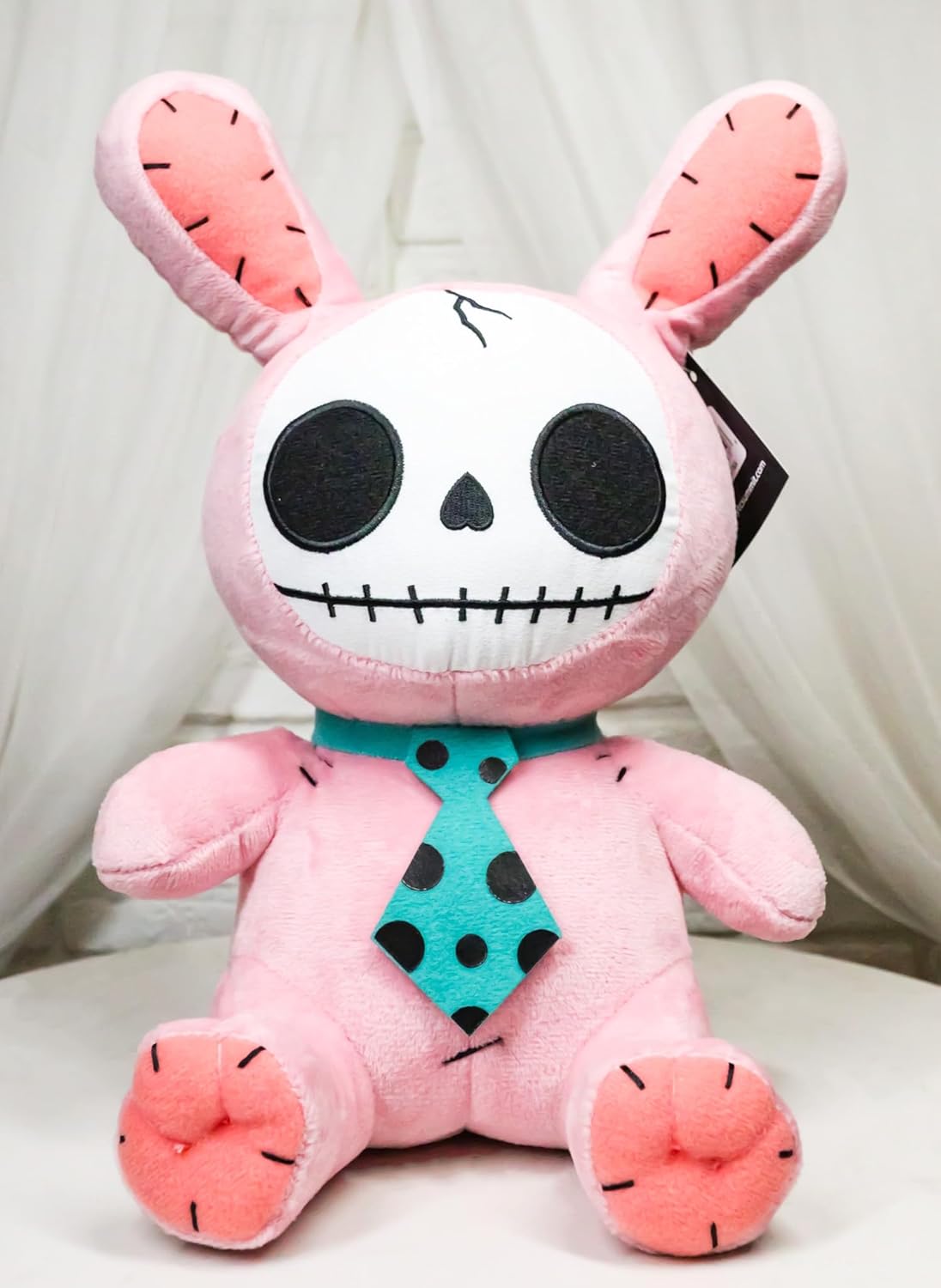 Ebros Gift Larger Furry Bones Skeleton in Pink Bunny Costume with Green Polkadot Tie Plush Soft Figurine 12" Tall Collectible Rabbit Bun Bun Dolls Furrybones Skulls Skeletons Collection