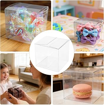 30PCS Clear Favor Boxes, Transparent PVC Cube Boxes, 8 * 8 * 8 cm Small Gift Boxes with Gold Gift Ribbon for Candy Chocolate Birthday, Wedding, Party Favors