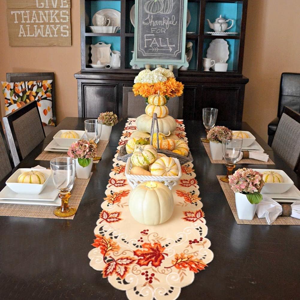 OurWarm 15 x 67 Inch Embroidered Maple Leaves Table Runner, Handmade Table Cover for Fall and Thanksgiving Party Decoration