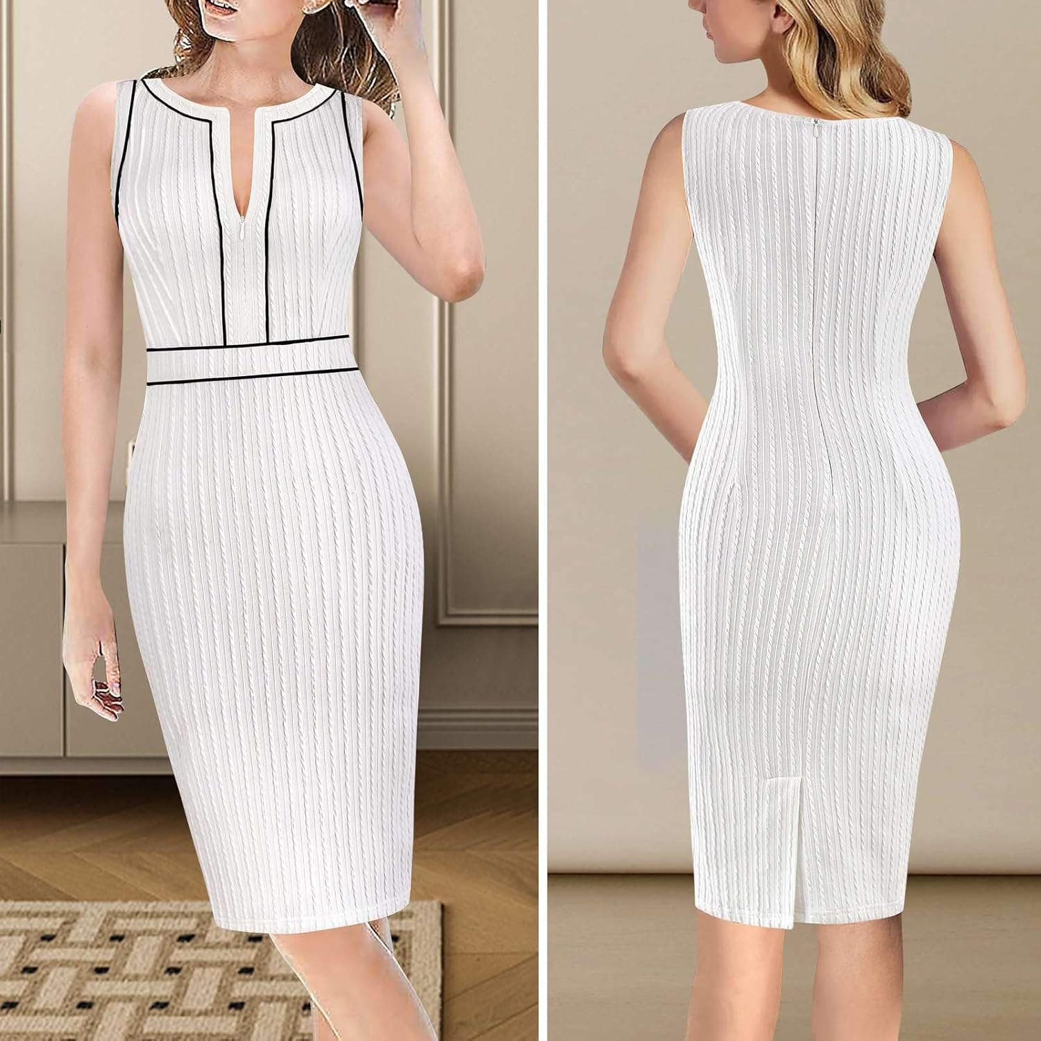 VFSHOW Womens 2025 Work Business Office Dresses Crew Neck Front Zipper Church Slimming Pencil Sheath Dress - Image 2