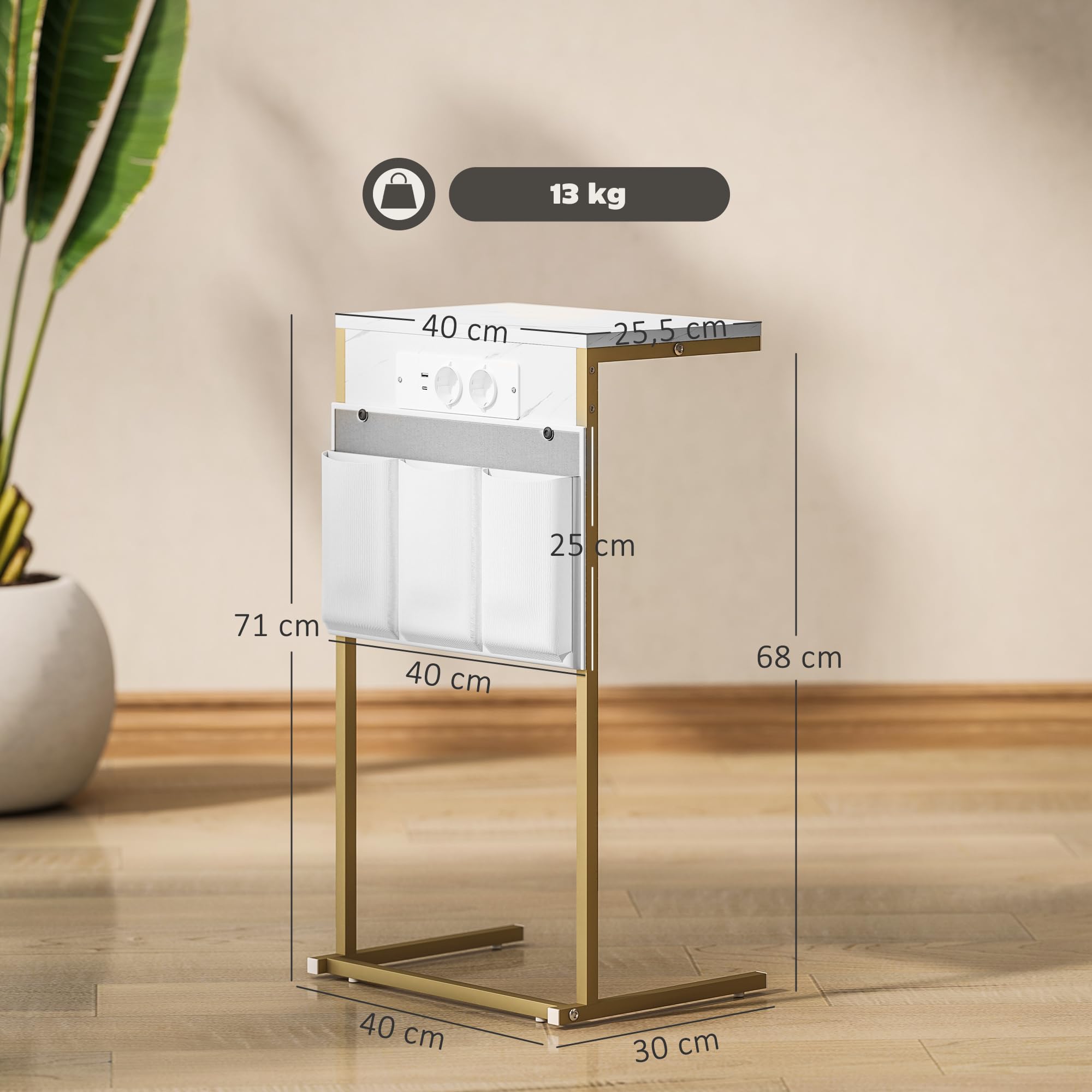 HOMCOM Mesa Auxiliar con Estación de Carga Mesa para Sofá con 2 Puertos USB 1 Puerto USB-C y Bolsillo Organizador Mesita Auxiliar para Salón Dormitorio Blanco