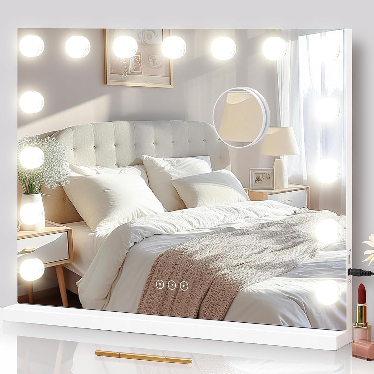 Vanity Mirror with Lights Lighted Makeup Mirror with 15 Dimmable LED Bulbs,3 Color Lighting Modes,USB Charging Port Touch Control,Sturdy Metal Frame Design 22.8x18 Inch,White