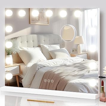 Vanity Mirror with Lights Lighted Makeup Mirror with 15 Dimmable LED Bulbs,3 Color Lighting Modes,USB Charging Port Touch Control,Sturdy Metal Frame Design 22.8x18 Inch,White