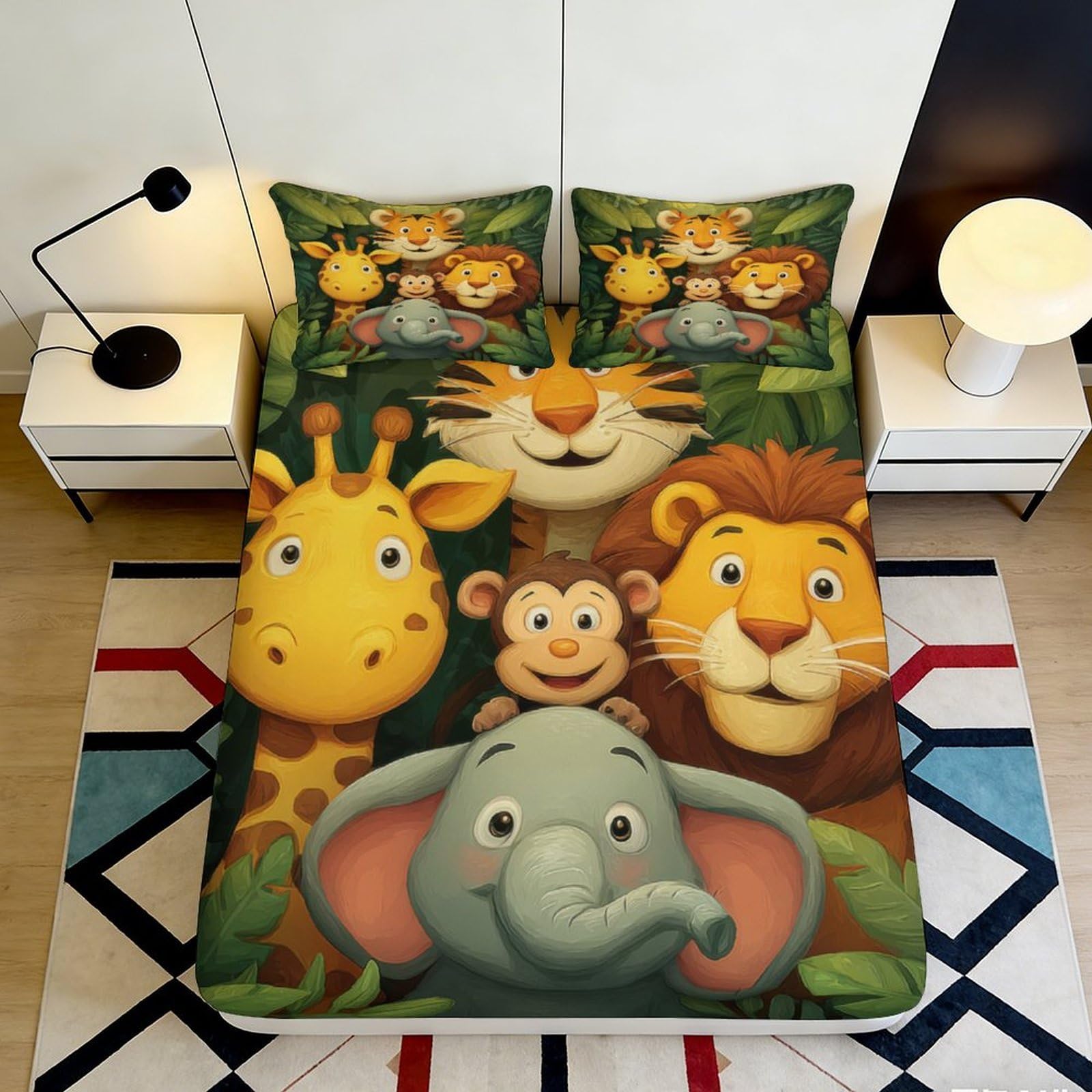 3D Printed Jungle Safari Fitted Sheet Microfiber Animal Cartoon Mattress Cover Anti-Slip for Bedroom Dorm Room Decor 120x200x25cm