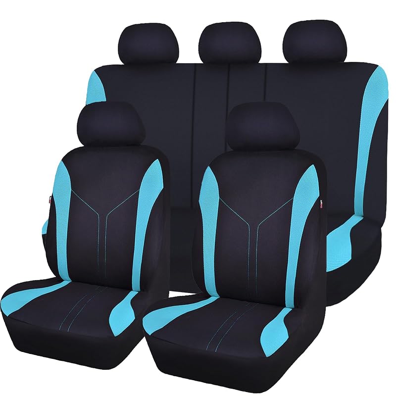Capa para Banco de Carro Flying Banner em Malha de Poliéster para Bancos Dianteiros e Traseiro Bipartido, Preto Verde-Menta e Azul, Kit Completo com 9 Peças