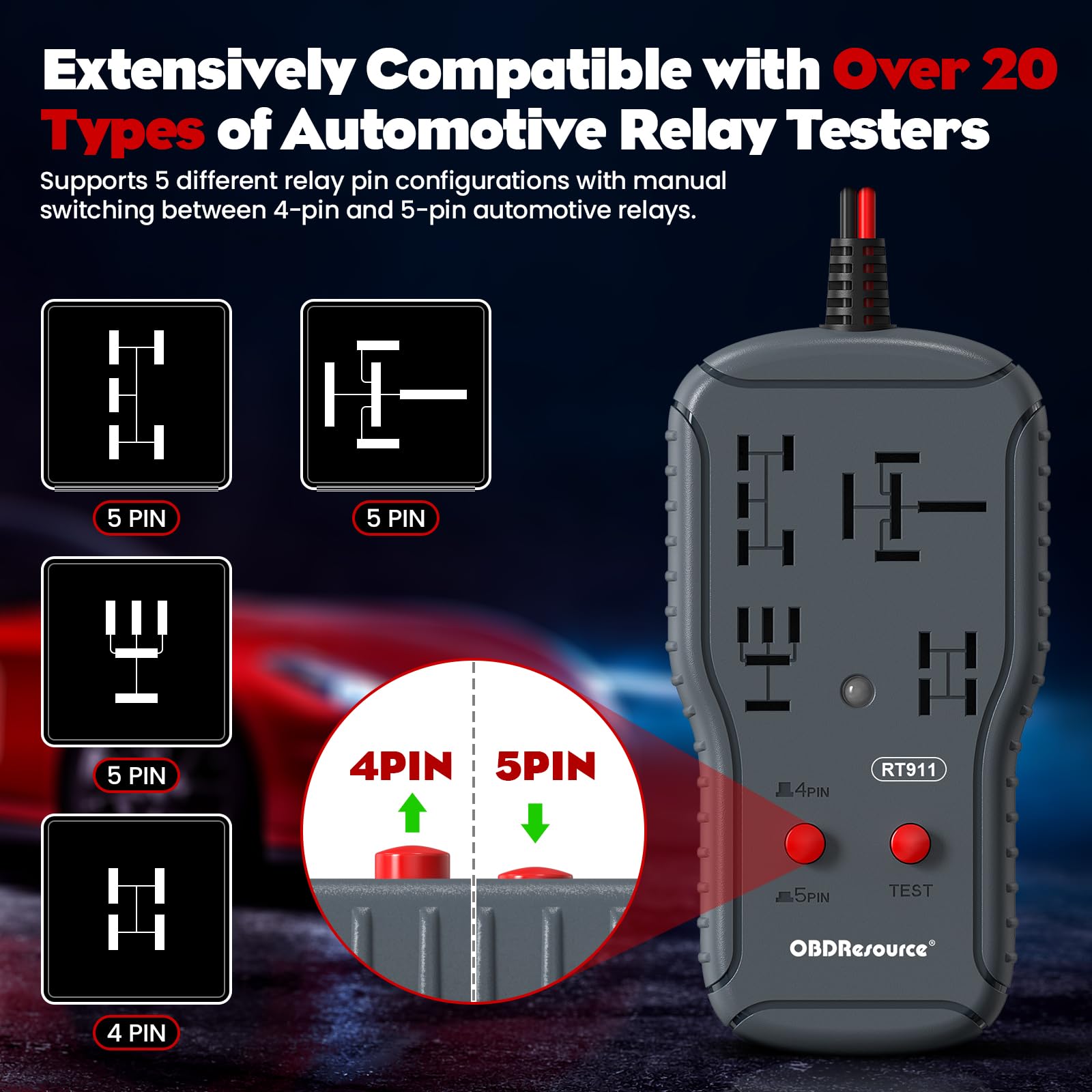 OBDResource Testeur De Relais Automobile 12 V/24 V Pour Relais 4 Et 5 Broches Outil De Diagnostic De Voiture Portable Avec Clips De Batterie Kit De Testeur De Relais De Voiture A Faire Soi Meme