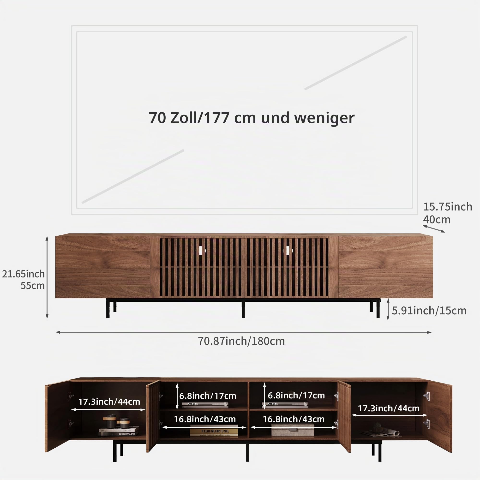 TV-Schrank 180 cm, TV Lowboard für 80 Zoll TVs, Walnuss