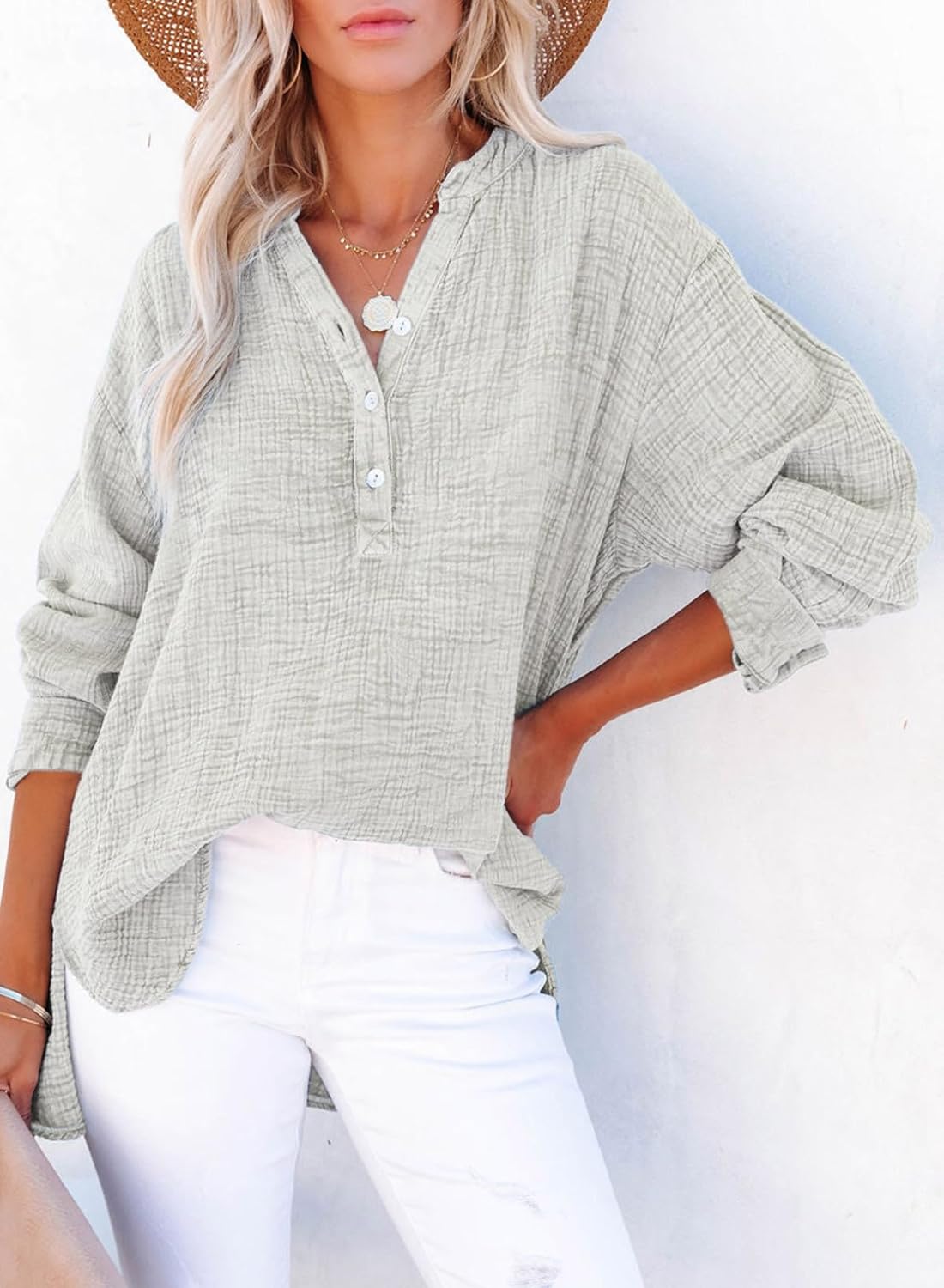 Dokotoo Womens Casual Button V Neck Long Sleeve Shirts Oversized Solid Blouses Tops - Image 7