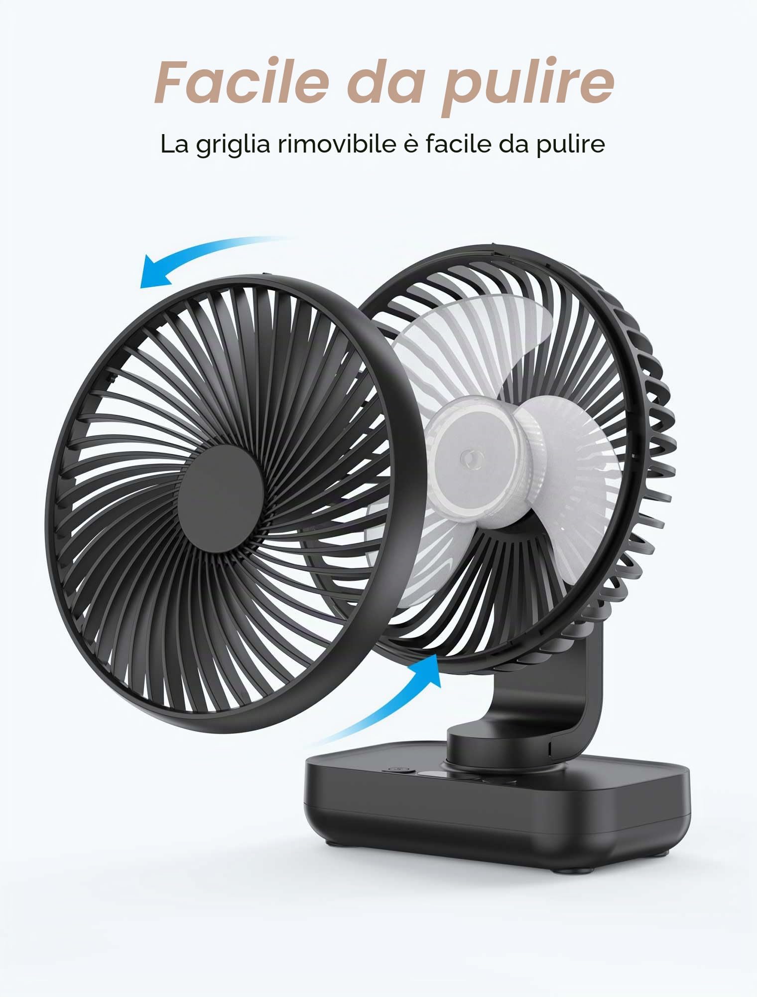Ventilatore da tavolo silenzioso e automatico, oscillante, batteria da 4000 mAh, USB, piccolo, portatile, 4 velocità, display digitale a LED, per scrivania, casa, picnic e ufficio, 12 V,