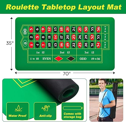 Miniatura 2 de Poen Tapete de mesa de ruleta de 70 x 35 pulgadas con marcador de ganancias y bolsa de almacenamiento, diseño de ruleta antideslizante de goma,