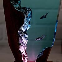Vista 5 de Drawelry Ocean Creative Epoxy Resin Wood Light Lamp, Handmade Multi Color Aquatic Ocean Lamp Deep Sea Diver Cave Diving Enthusiasts Led Night Light