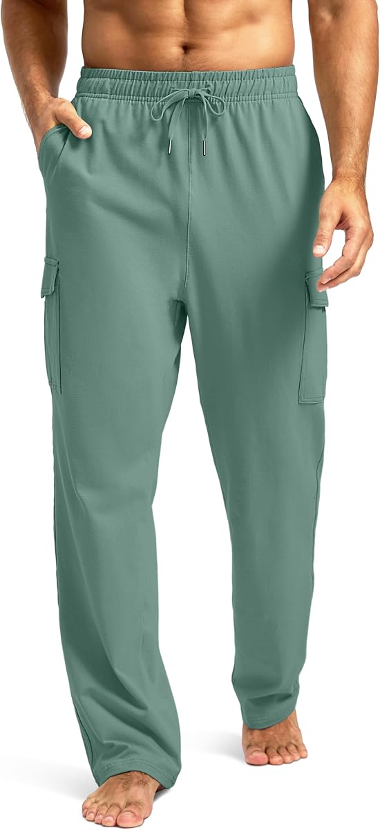 Pudolla Men's Cotton Sweatpants with Cargo Pockets Open Bottom Yoga Pants for Men Lounge Pants for Athletic Workout Casual